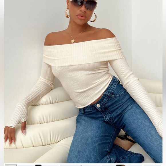 Princess Polly Size M/L Morley Off Shoulder Ribbed Sweater Cream Thumb Holes - Picture 4 of 10